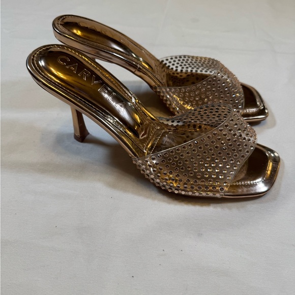 Carvela Metallic Gold & Rhinestone High Heeled Mules - Picture 6 of 10